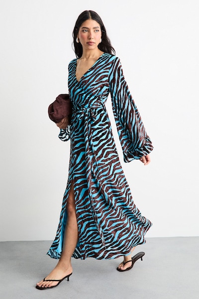 Warehouse Burnout Velvet Plunge Neck Flared Sleeve Belted Maxi Dress Blue