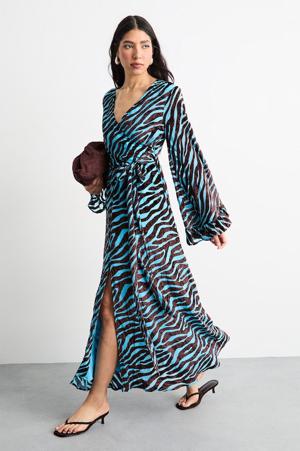 Warehouse Burnout Velvet Plunge Neck Flared Sleeve Belted Maxi Dress Blue