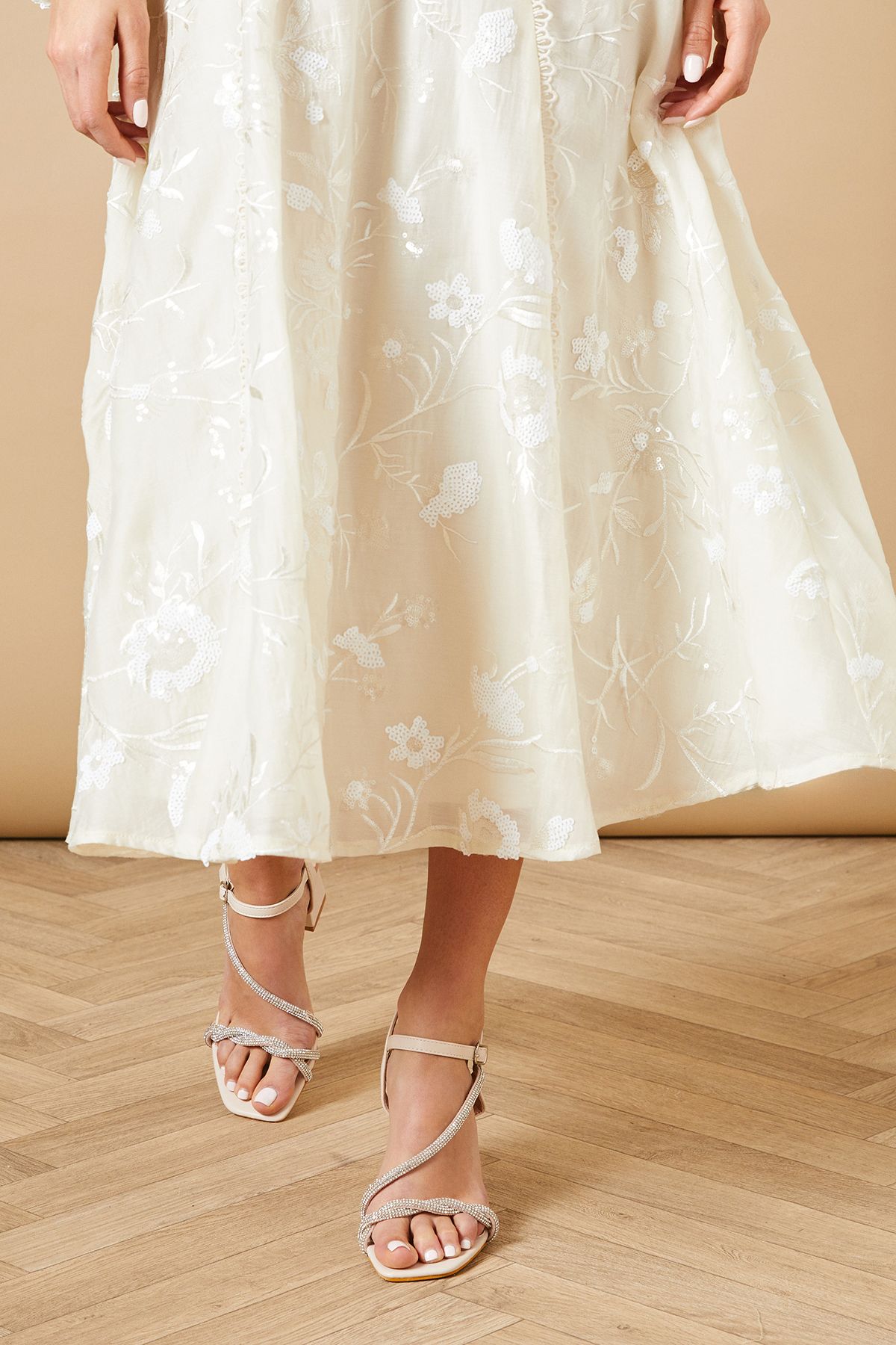 Oasis Andrea Faux Leather Twist Diamante High Block Heel Sandals Beige image 2