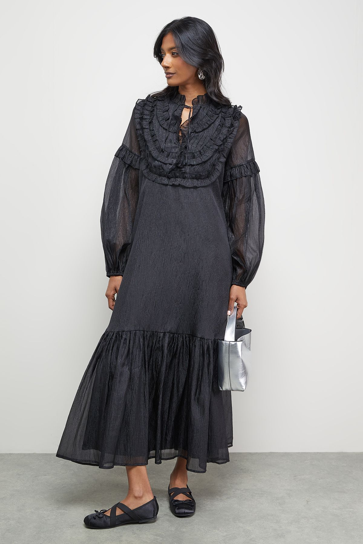 Warehouse Premium Crinkle Stripe Organza Frill Pleat Detail Midi Dress Black image 1