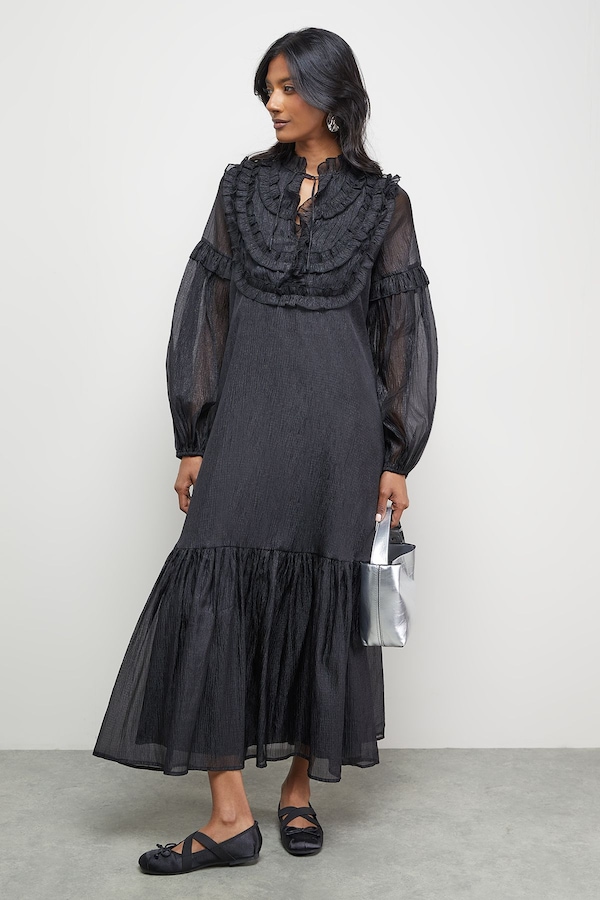 Warehouse Premium Crinkle Stripe Organza Frill Pleat Detail Midi Dress Black