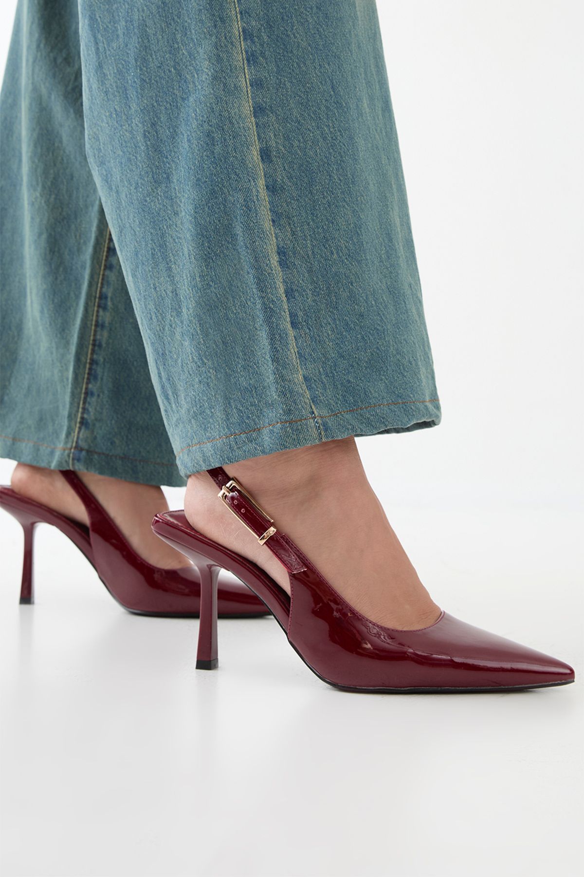 MissPap High Shine High Stiletto Heel Buckle Detail Slingback Court Shoes Burgundy image 4