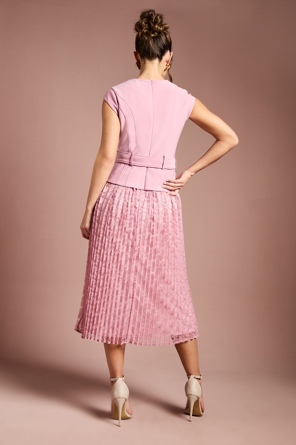 Coast Crepe Bodice Belted Lace Pleated Midi Dress Antique Rose image 3