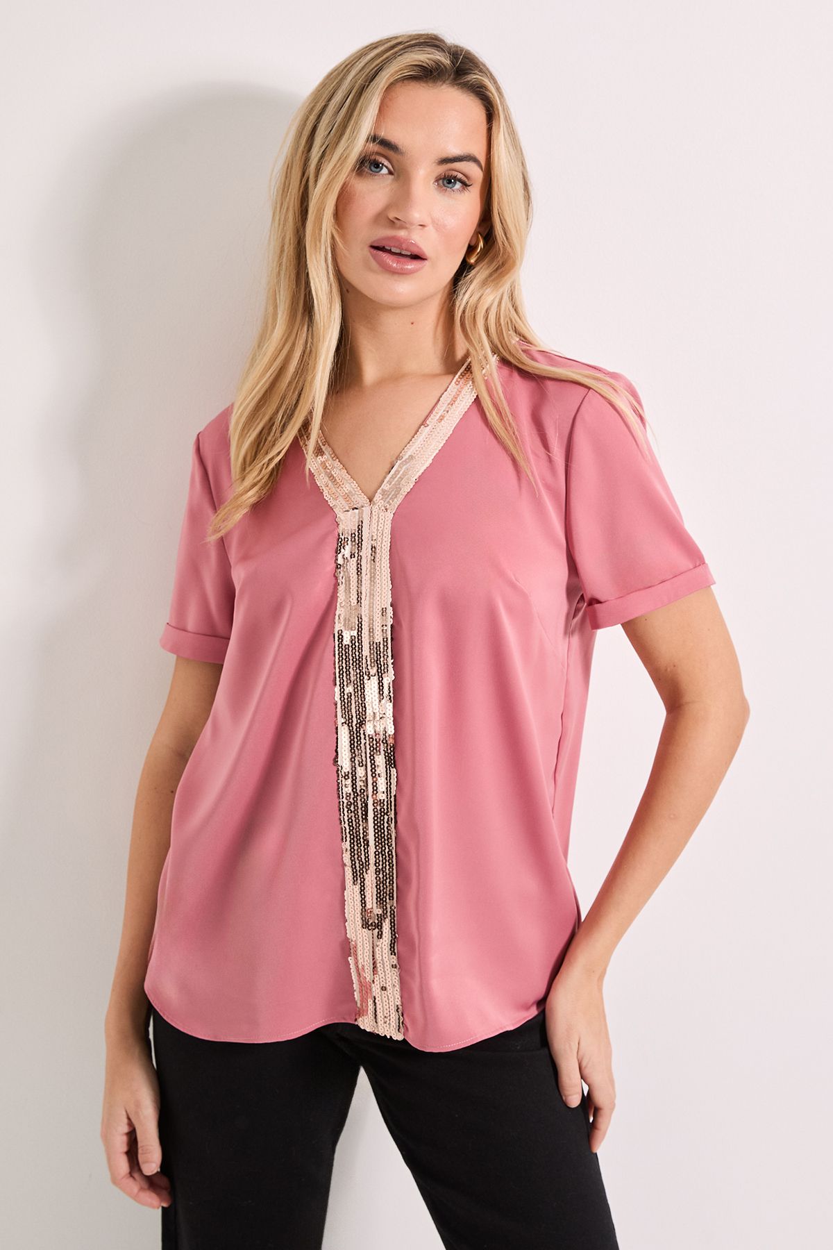 Dorothy Perkins V Neck Short Sleeve Sequin T-Shirt Rose image 1