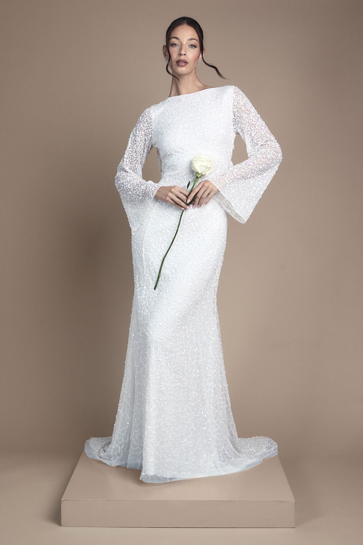 Coast Long Sleeve Flare Sleeve Cowl Back Sequin Wedding Dress Ivory