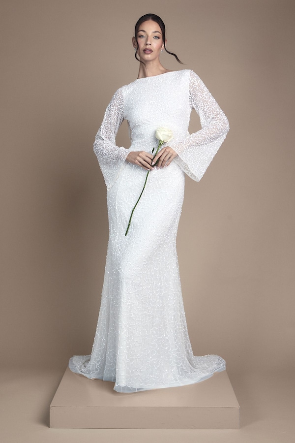 Coast Long Sleeve Flare Sleeve Cowl Back Sequin Wedding Dress Ivory