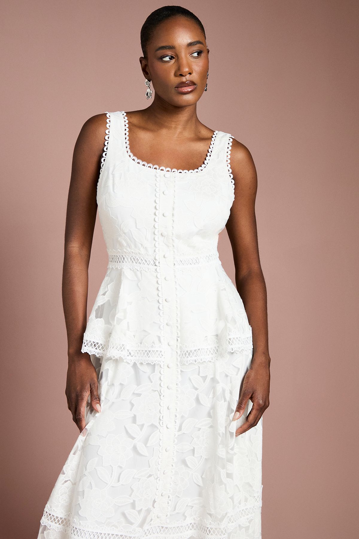 Coast Peplum Hem Button Down Lace Midi Dress Ivory image 2