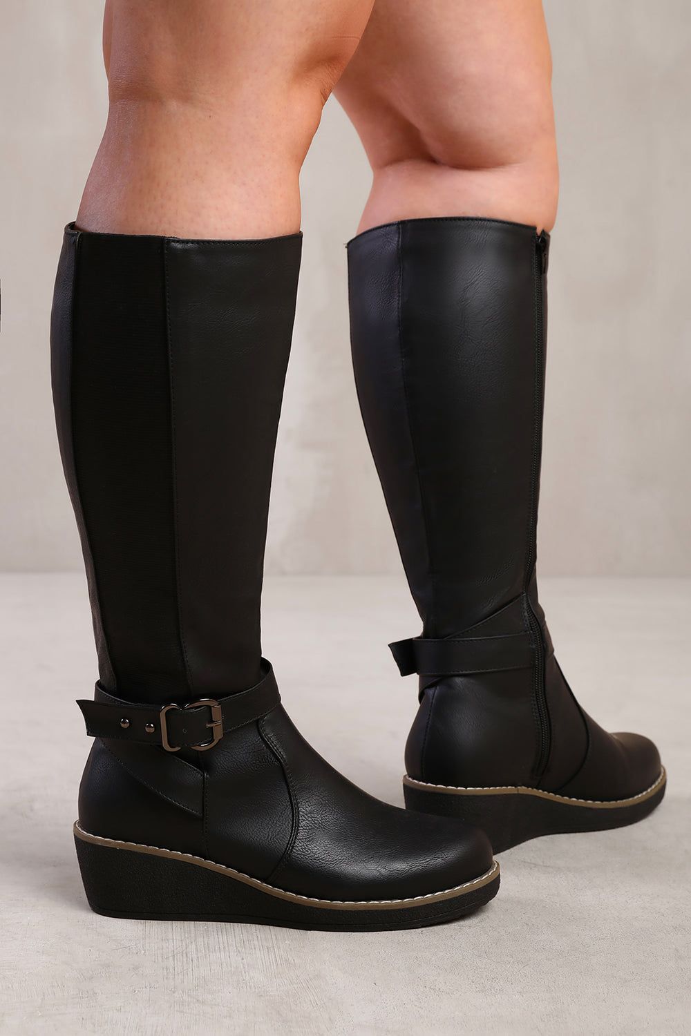 Where's That From 'Ayleen' Wide Calf Wedge Heel Knee High Boots With Elastic Panel image 1