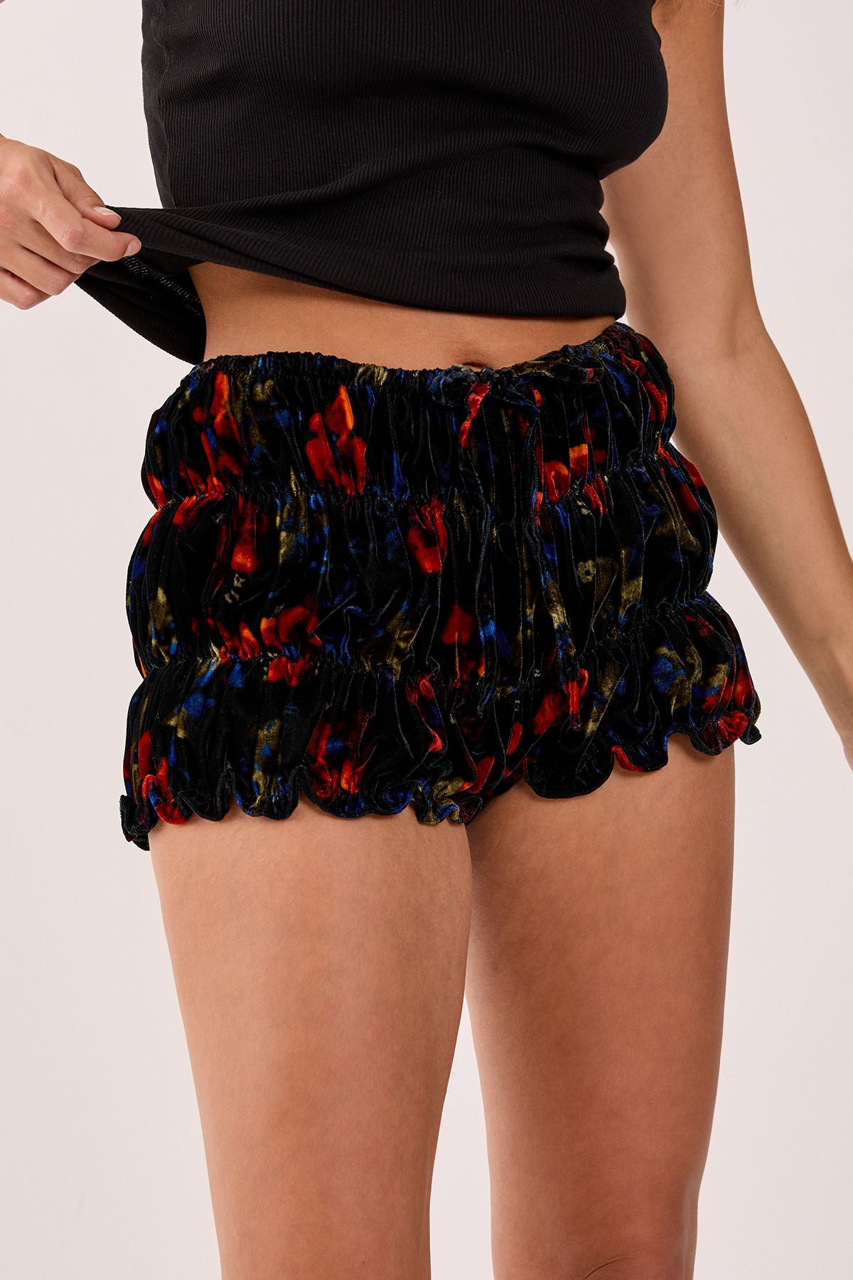NastyGal Velvet Floral Ruched Bloomer Shorts Black image 2