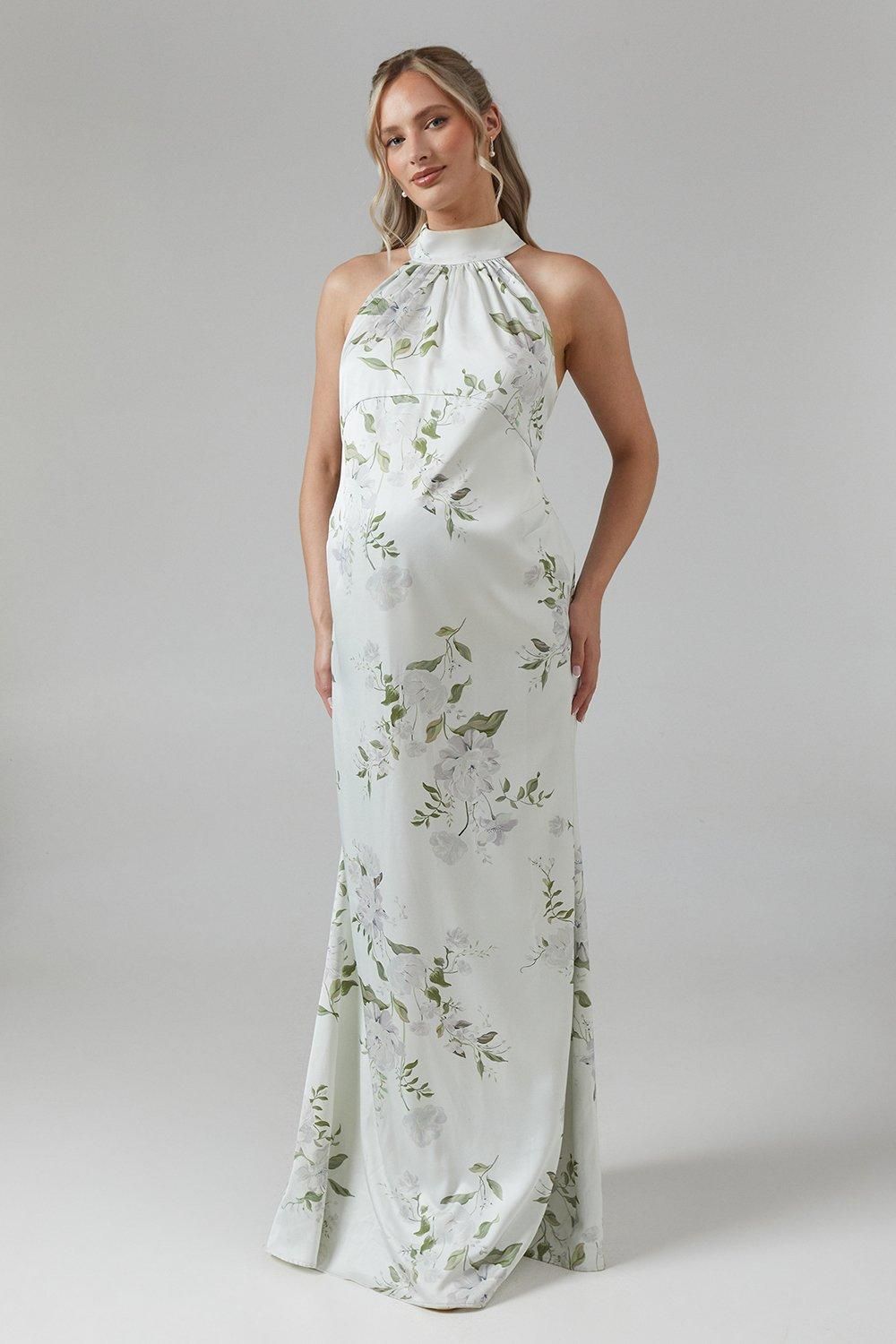 Coast Maternity Dahlia Printed Halterneck Bridesmaid Maxi Dress Sage image 1