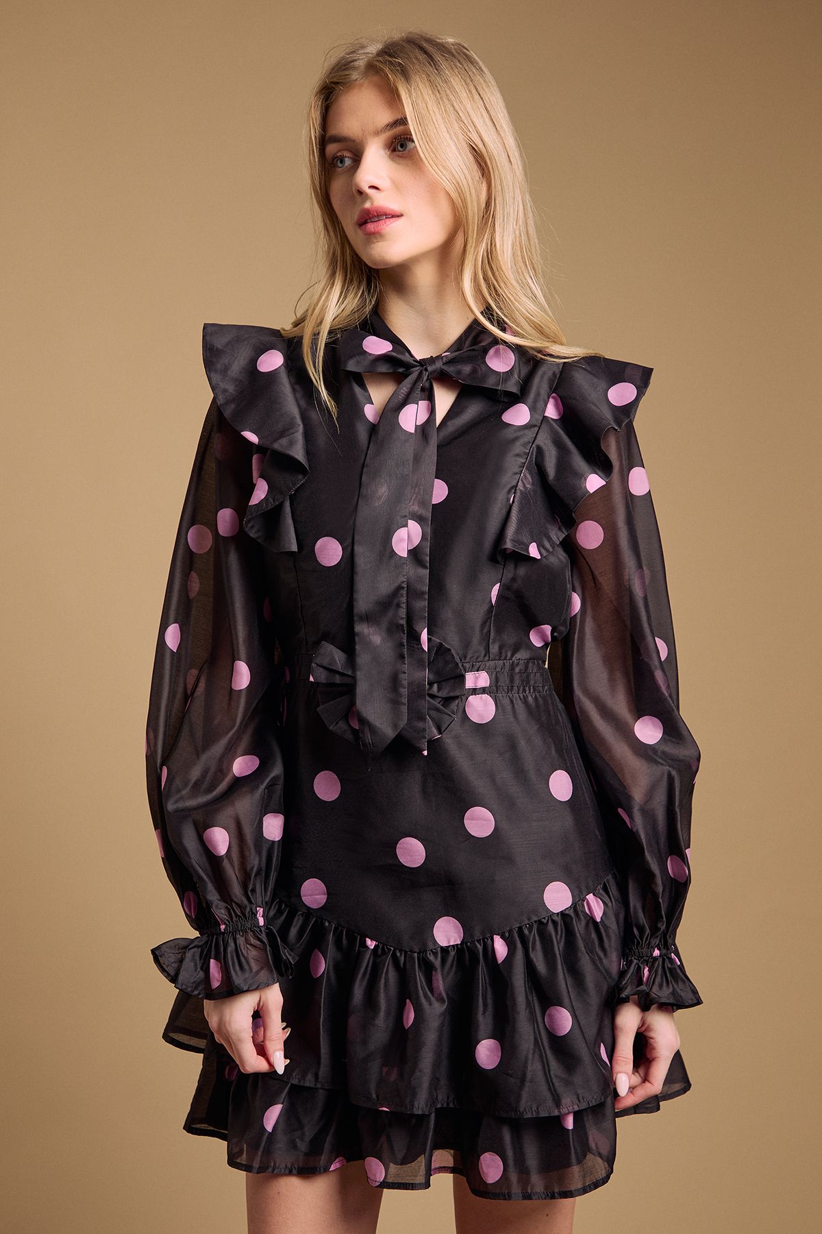 Oasis Tie Neck Ruffle Fit and Flare Mini Dress Black image 2