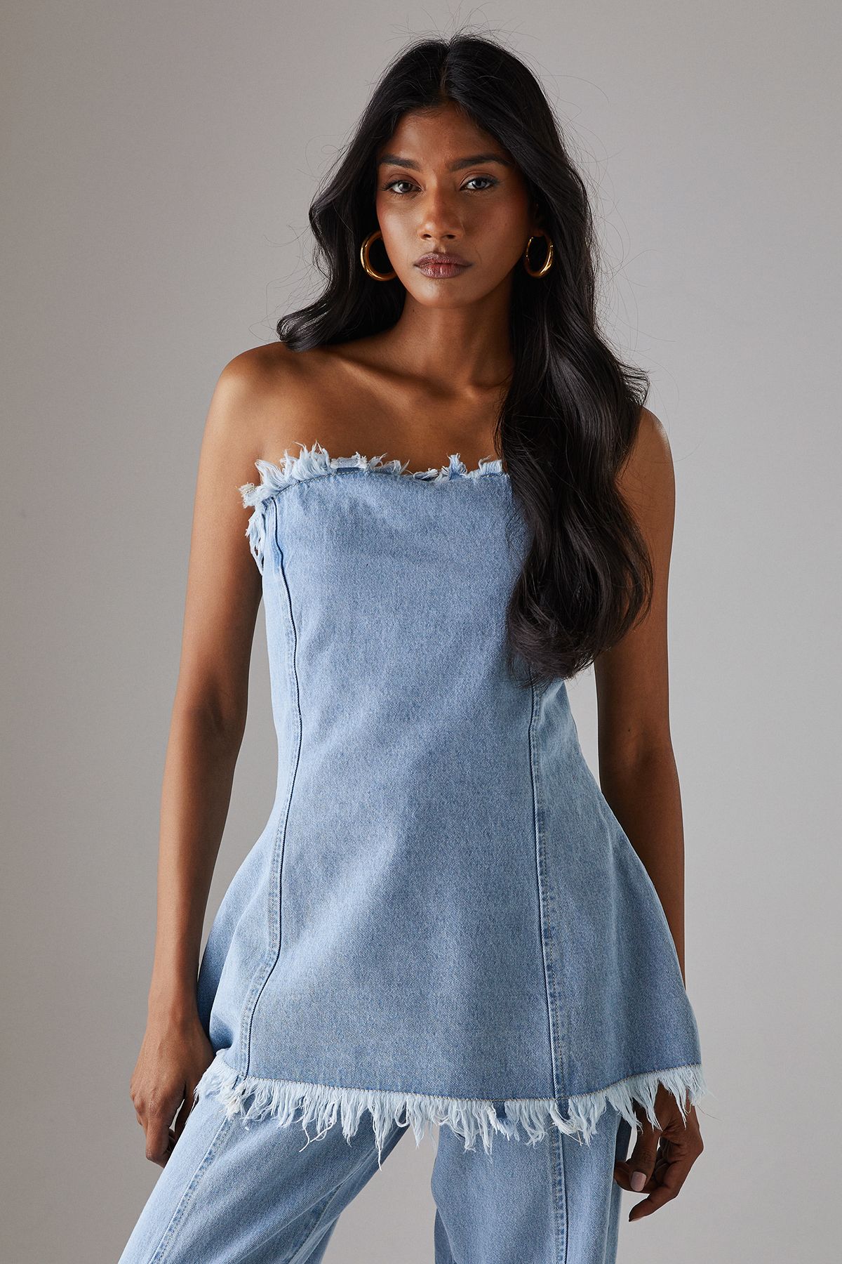 Warehouse Fray Detail Denim Bandeau Top Light Wash