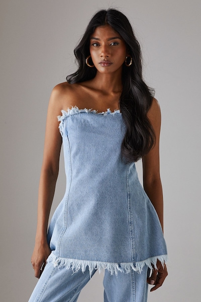 Warehouse Fray Detail Denim Bandeau Top Light Wash