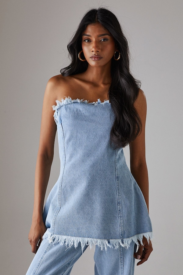 Warehouse Fray Detail Denim Bandeau Top Light Wash