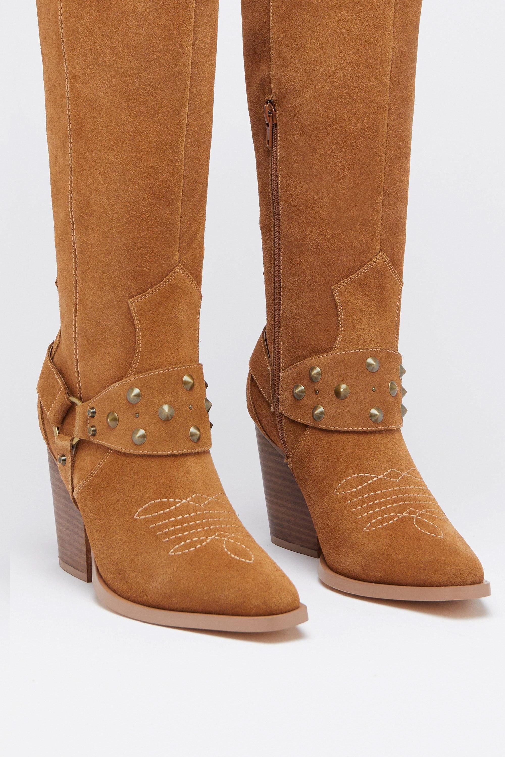 Warehouse Suede Harness Detail Knee High Cowboy Boot Tan image 3