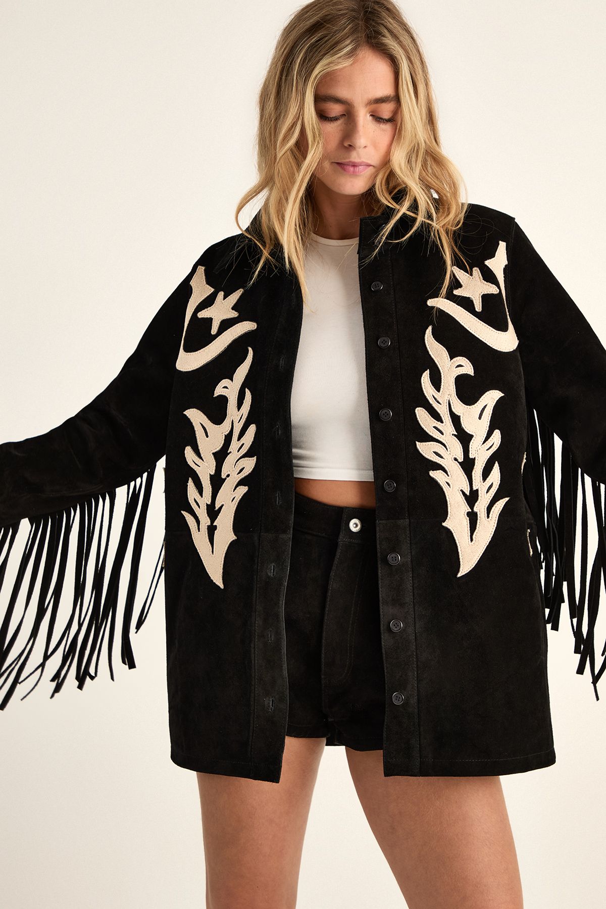 NastyGal Real Suede Embroidered Western Shirt Black image 2