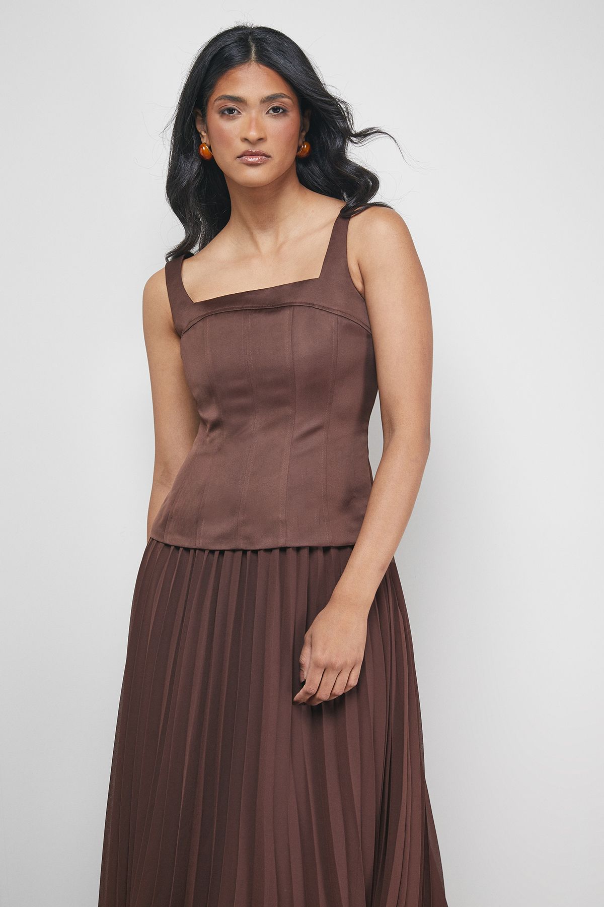 Warehouse Satin Fitted Bodice Chiffon Pleated Skirt Midi Dress Chocolate image 2