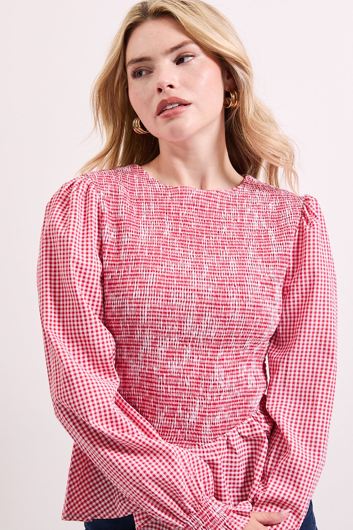 Dorothy Perkins Gingham Shirred Bodice Blouson Sleeve Peplum Top Red image 3