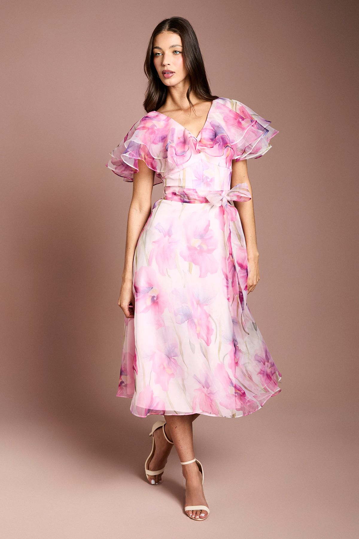 Coast Printed Organza Ruffle Sleeve Midi Dress Pink
