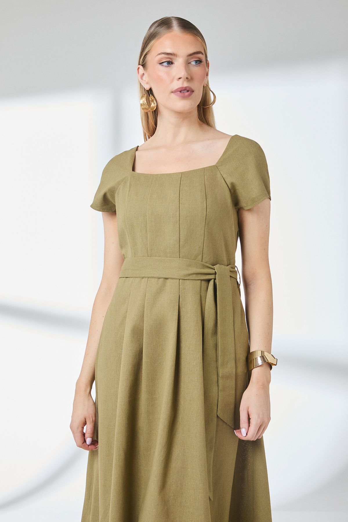 Principles Olive Square Neck Belted Linen Midi Dress Olive image 2