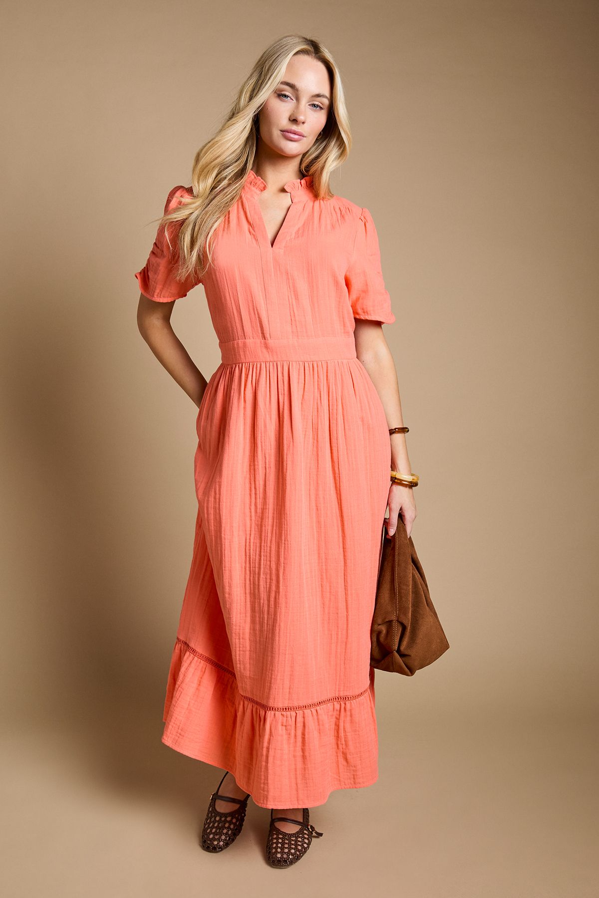 Dorothy Perkins Collar Detail Short Sleeve Maxi Dress Coral