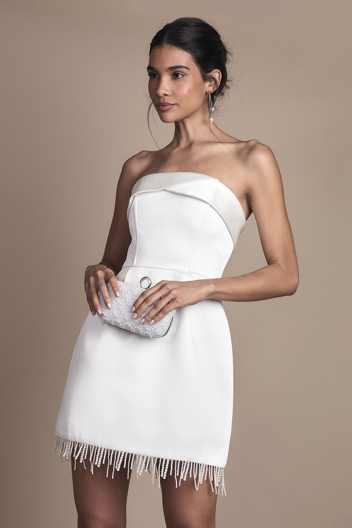 Coast Strapless Satin Mini Wedding Dress with Hem Pearl Trim Ivory image 1
