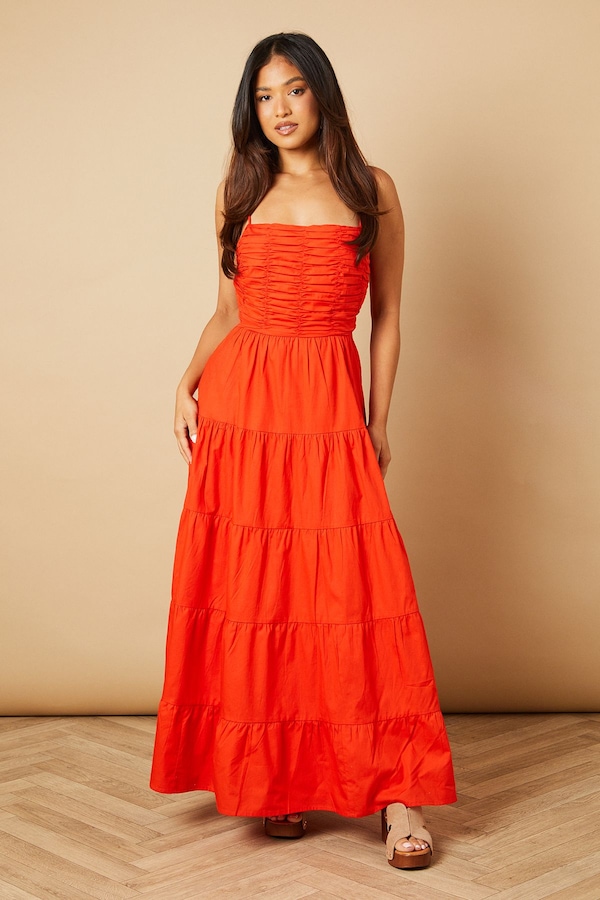Oasis Petite Ruched Bodice Lace Up Back Maxi Dress Red Orange