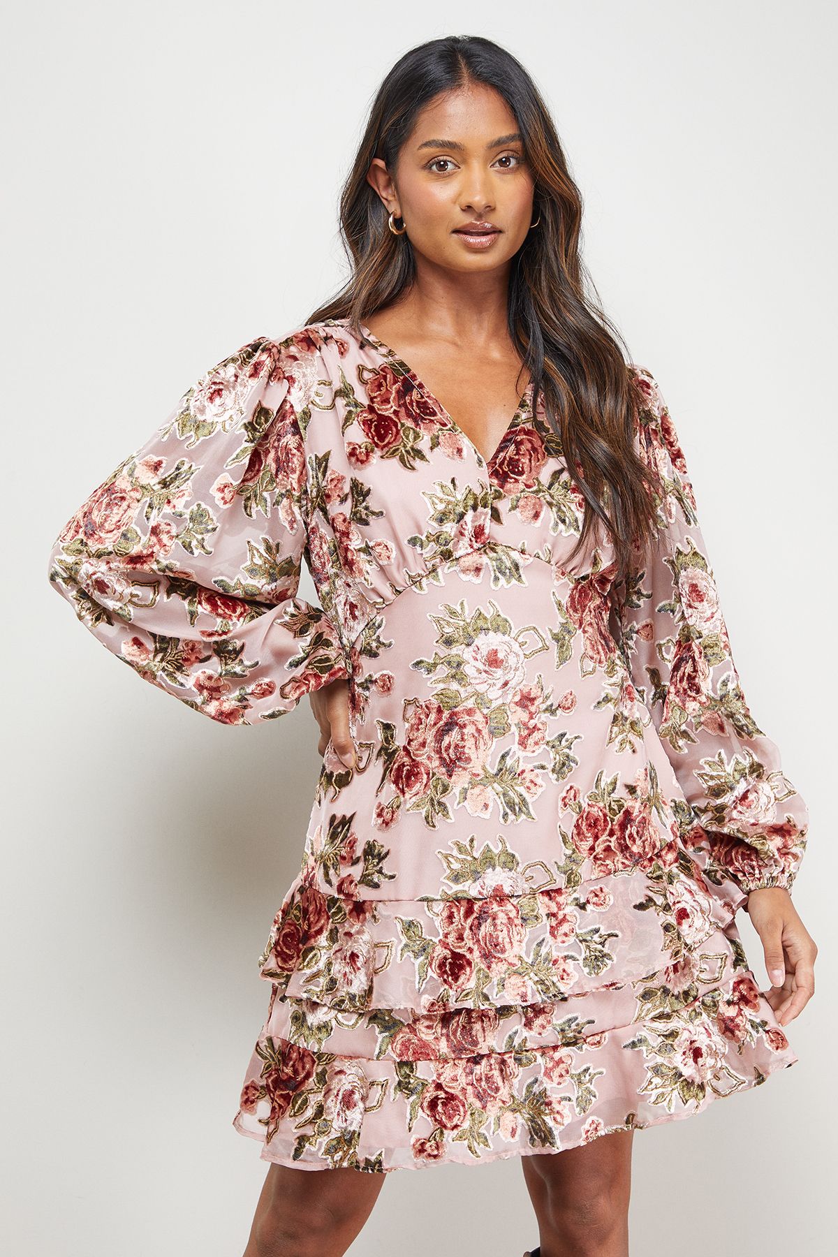 Oasis Devore Tiered Puff Sleeve Mini Tea Dress Rose