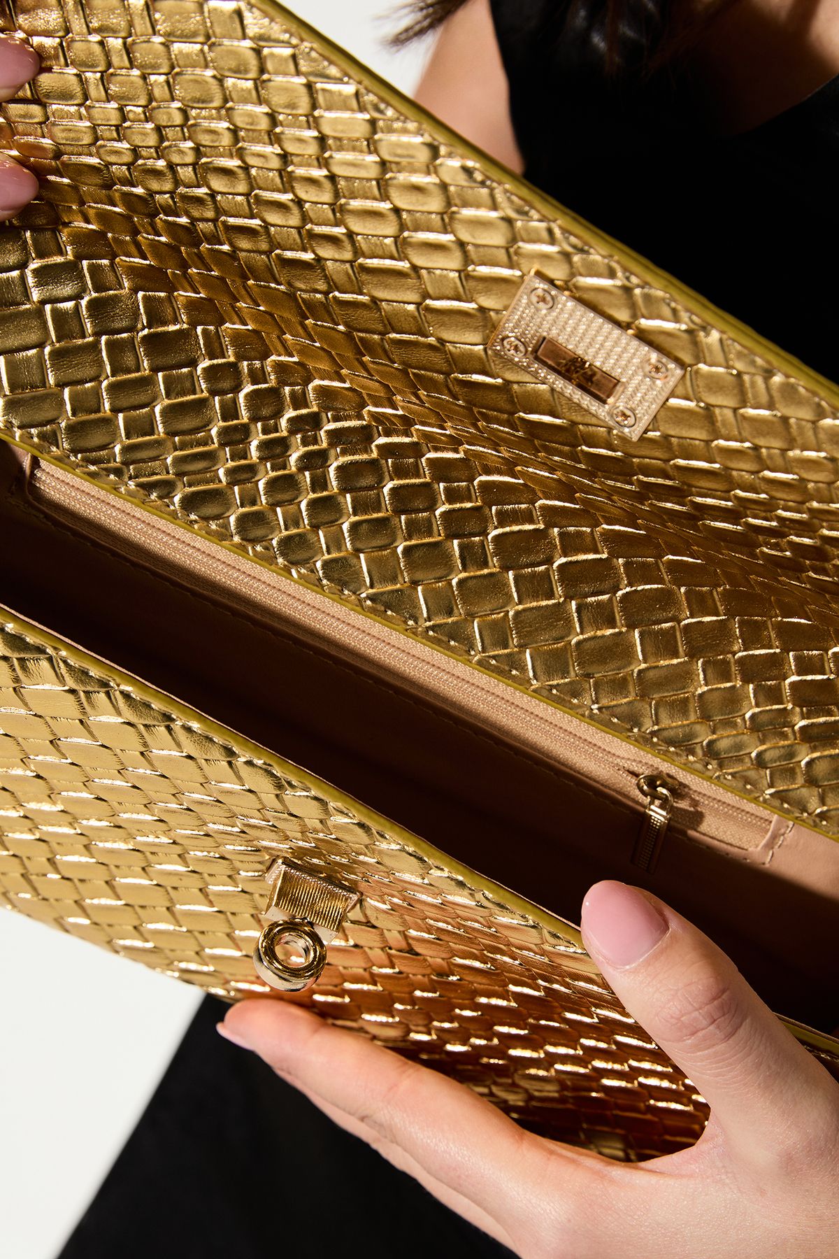 MissPap Faux Leather Woven Grab Bag Gold image 3