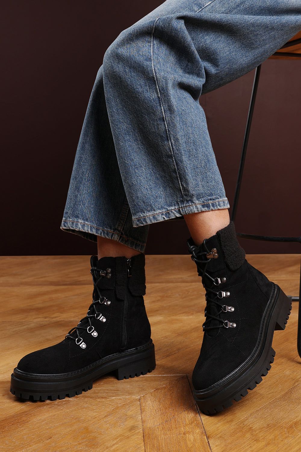 Where's That From 'Una' Suede Lace-Up Ankle Boots with Faux Fur Trim and Chunky Sole image 6