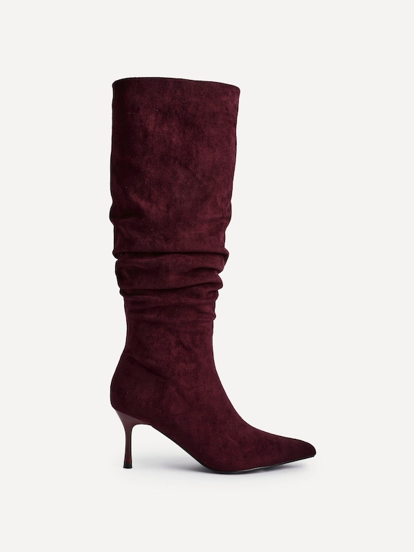 Linzi Rosenna Burgundy Faux Suede Ruched High Leg Heeled Boot