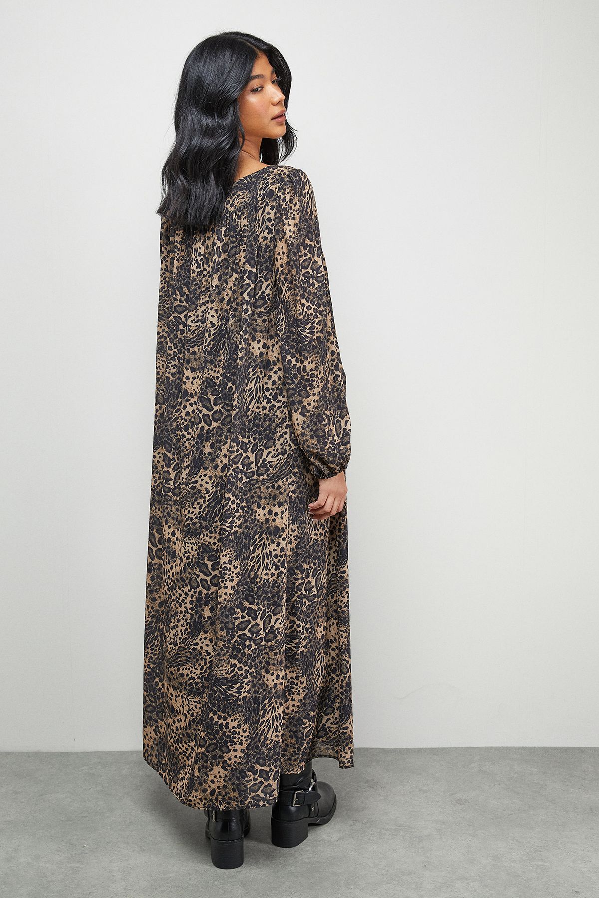Warehouse Chiffon Tie Front Volume Midi Smock Dress Leopard image 3