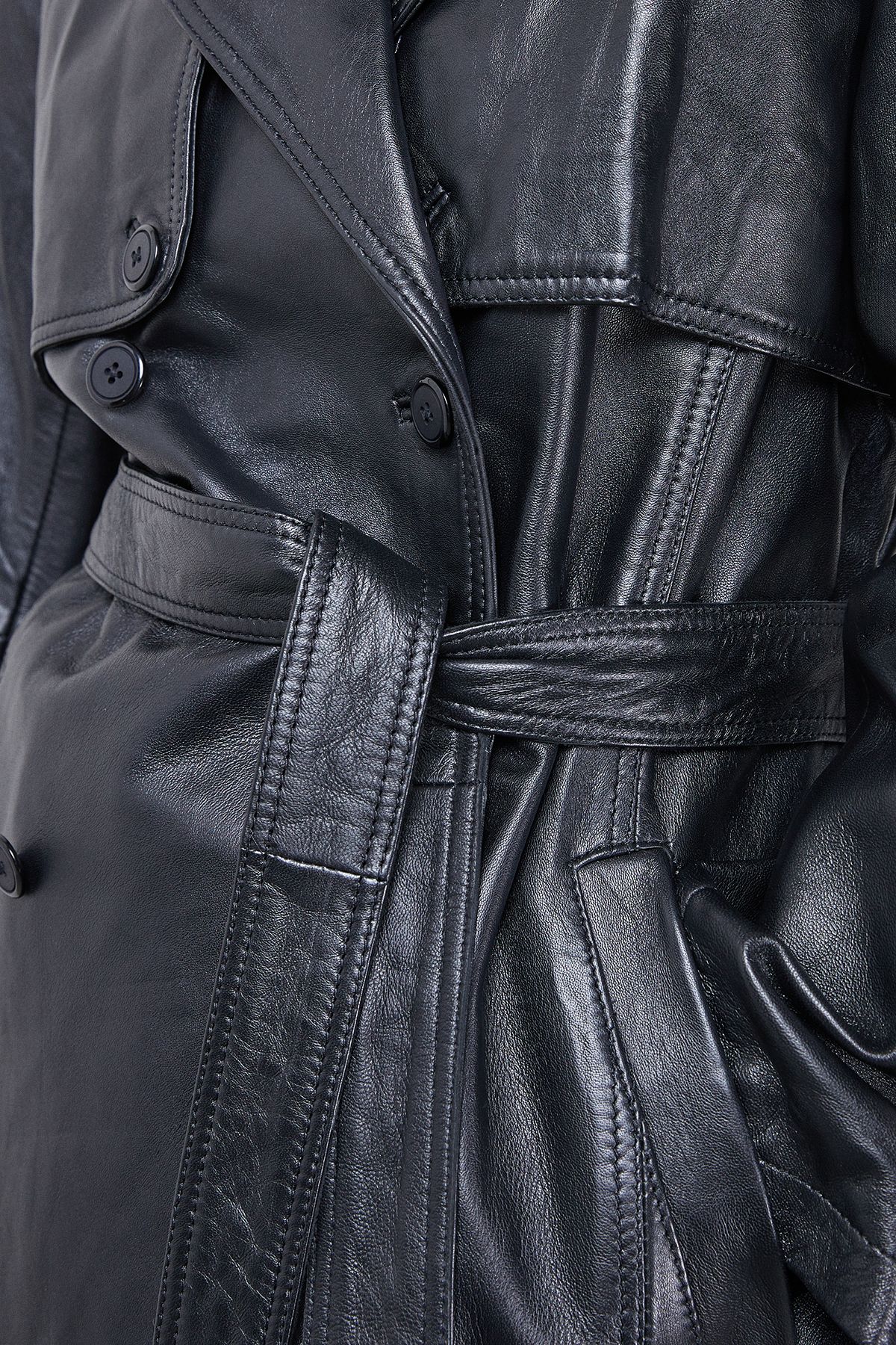Warehouse Real Leather Belted Trench Coat Black image 5