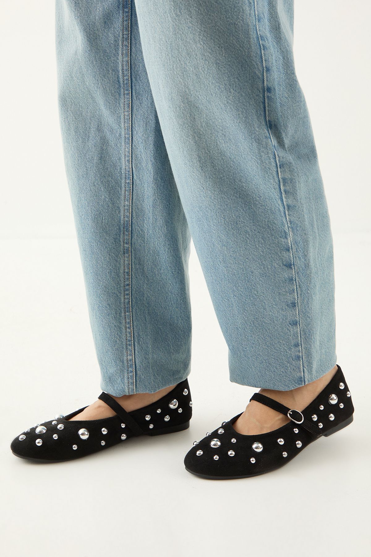 MissPap Faux Suede Studded Mary Jane Ballerinas Natural Black image 1