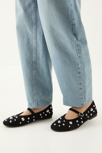 MissPap Faux Suede Studded Mary Jane Ballerinas Natural Black