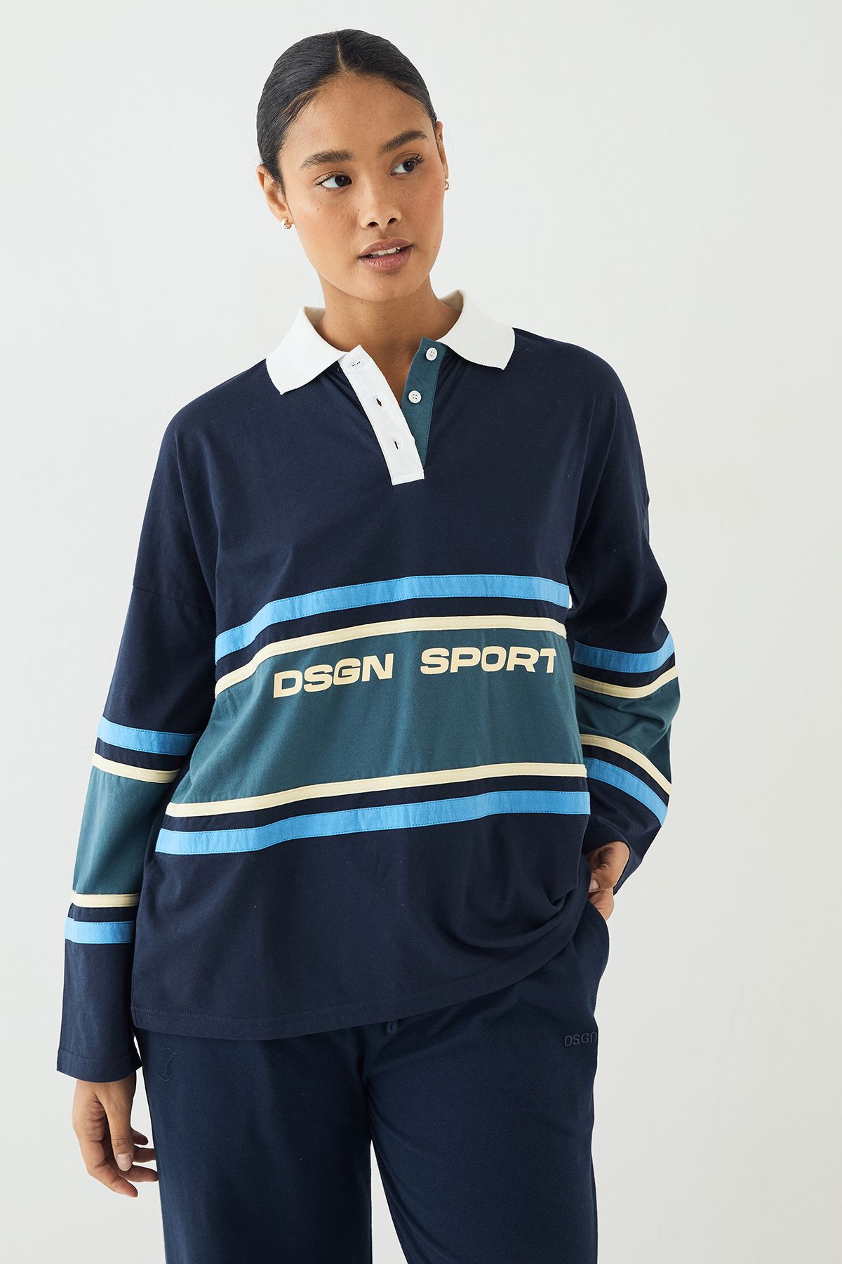 DSGN Studio DSGN Studio Sport Oversized Colour Block Collared Top Navy image 3