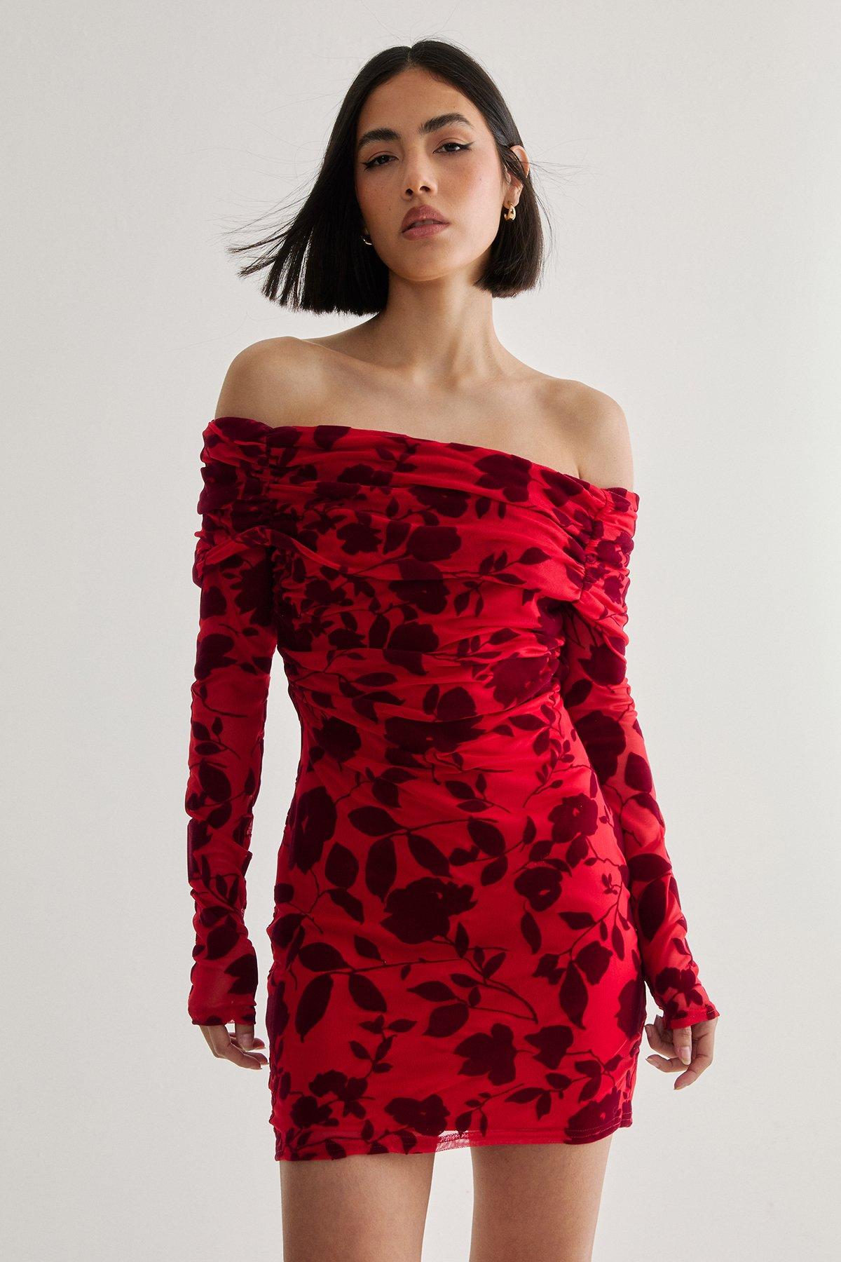 NastyGal Floral Devore Ruched Mini Dress Red image 1