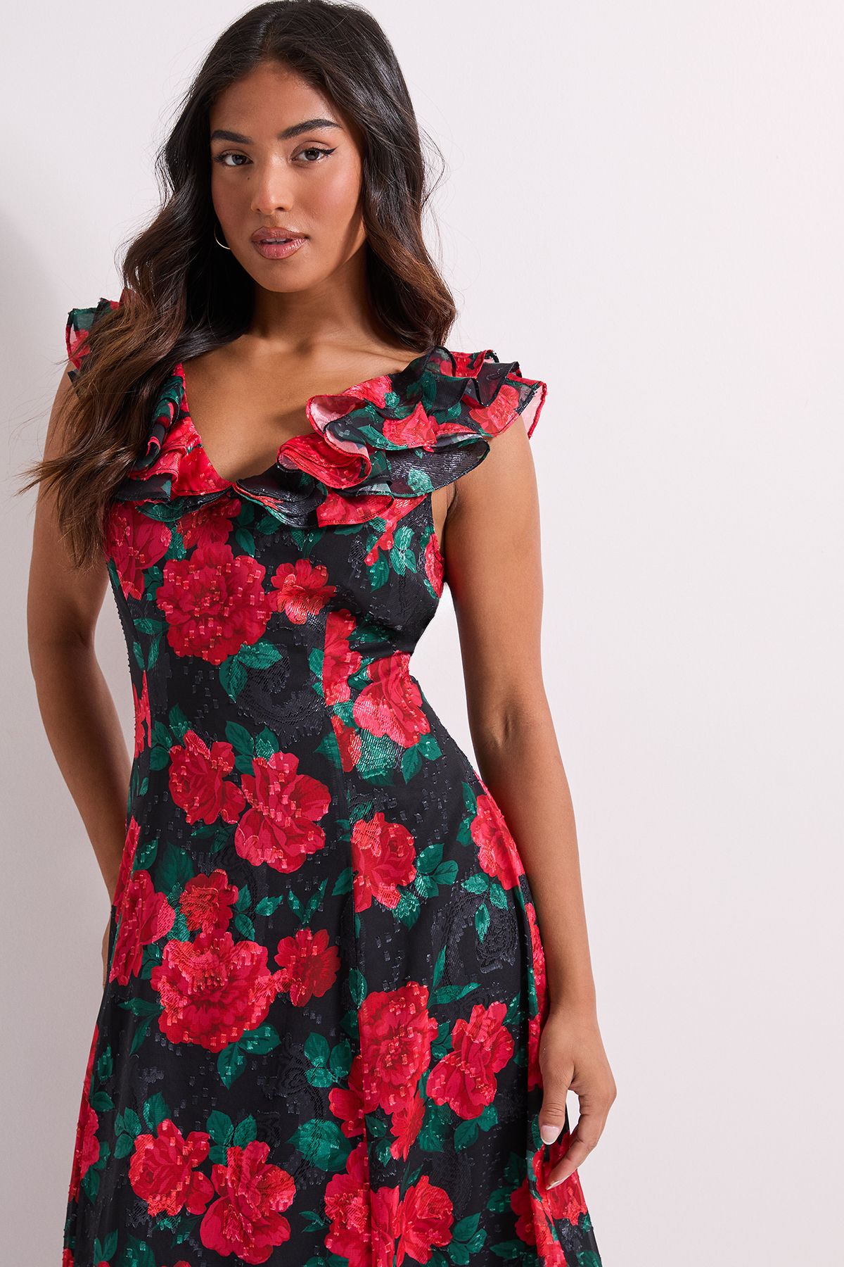 Dorothy Perkins Petite DP Luxe Black Floral Printed Jacquard Chiffon Ruffle Front Sleeveless Midi Dress Black image 2