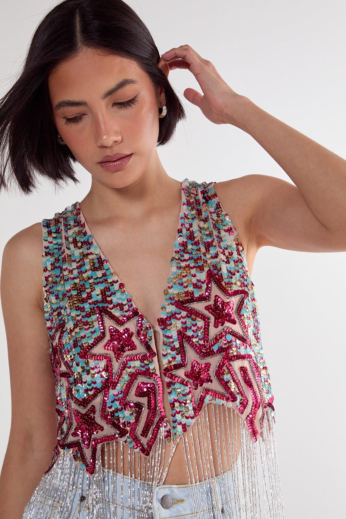 NastyGal Sequin Star Lightening Bolt Tassel Vest Turquoise image 3