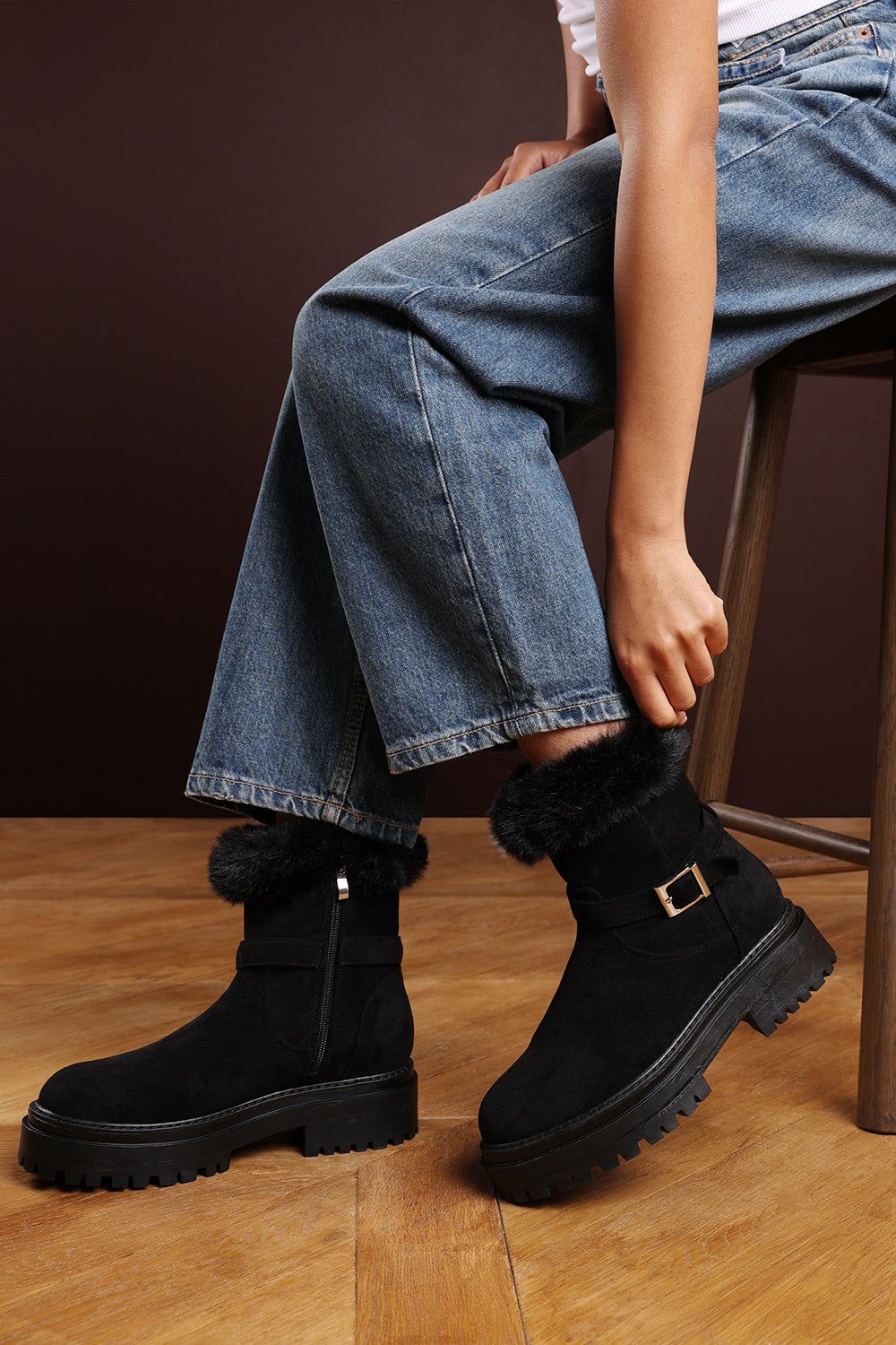 Where's That From 'Rayne' Suede Low Heel Ankle Boots with Faux Fur Cuff Buckle Detail image 6