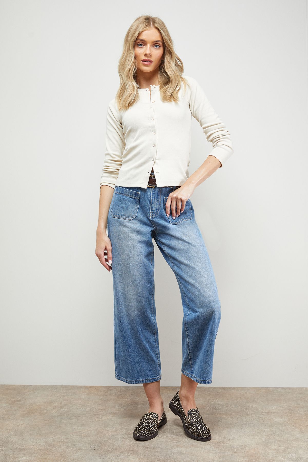 Oasis Beth Deer Print Pony Leather Grandad Loafers Brown image 2