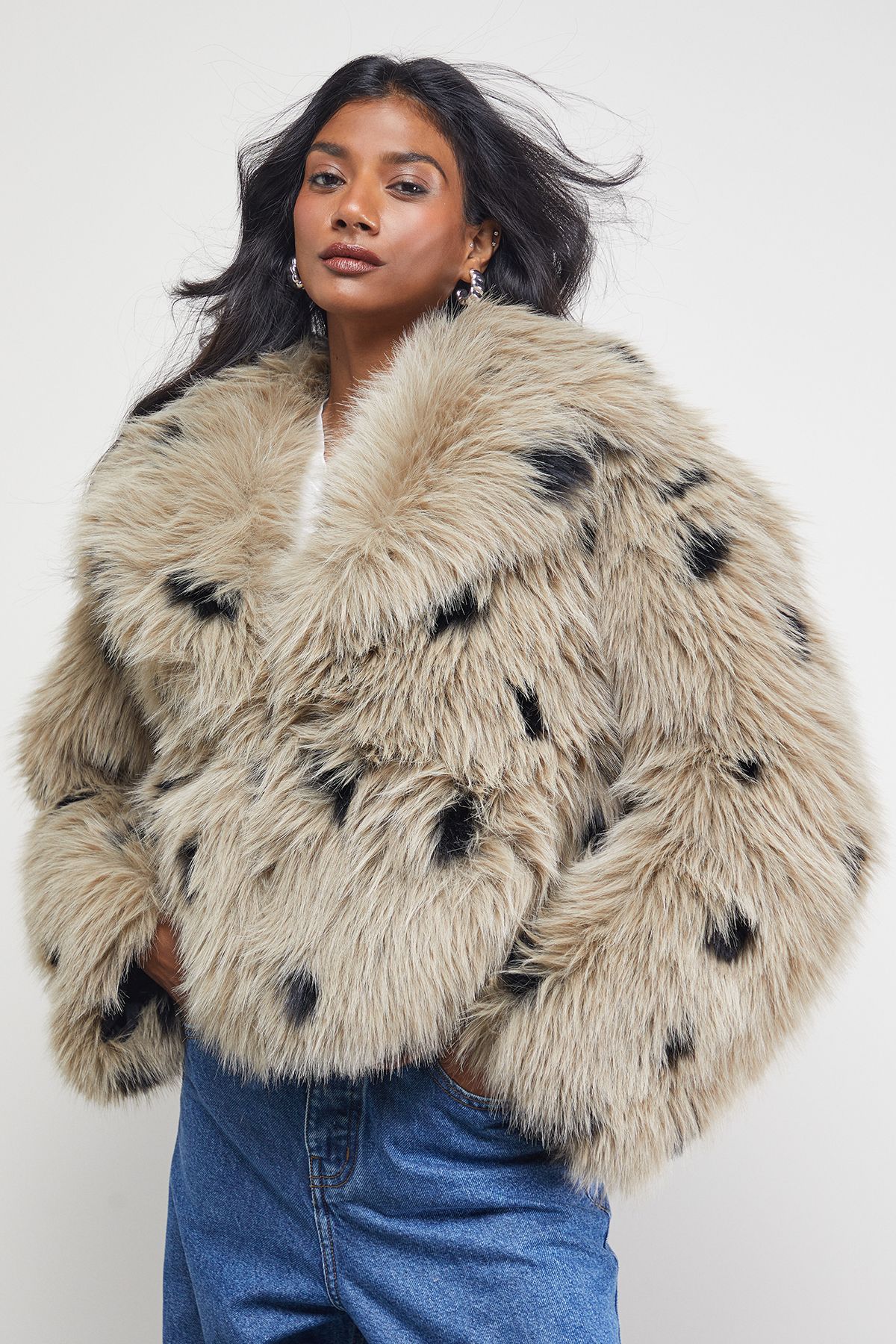 Warehouse Cropped Collared Faux Fur Coat Grey image 1
