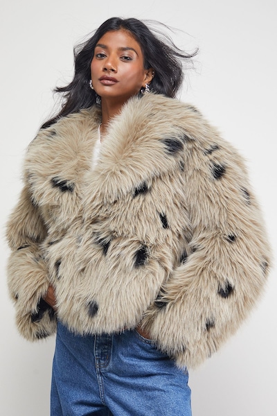 Warehouse Cropped Collared Faux Fur Coat Grey