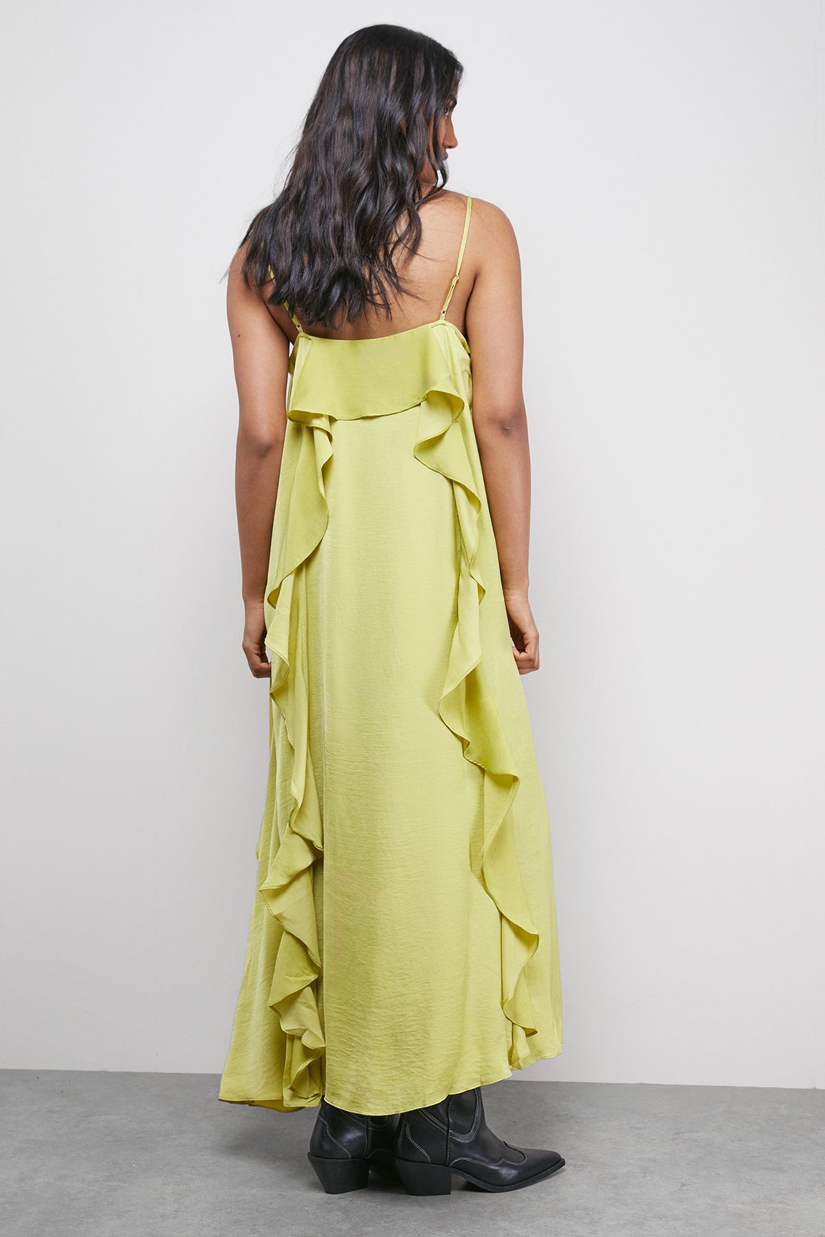 Warehouse Satin Strappy Ruffle Midi Dress Chartreuse image 3