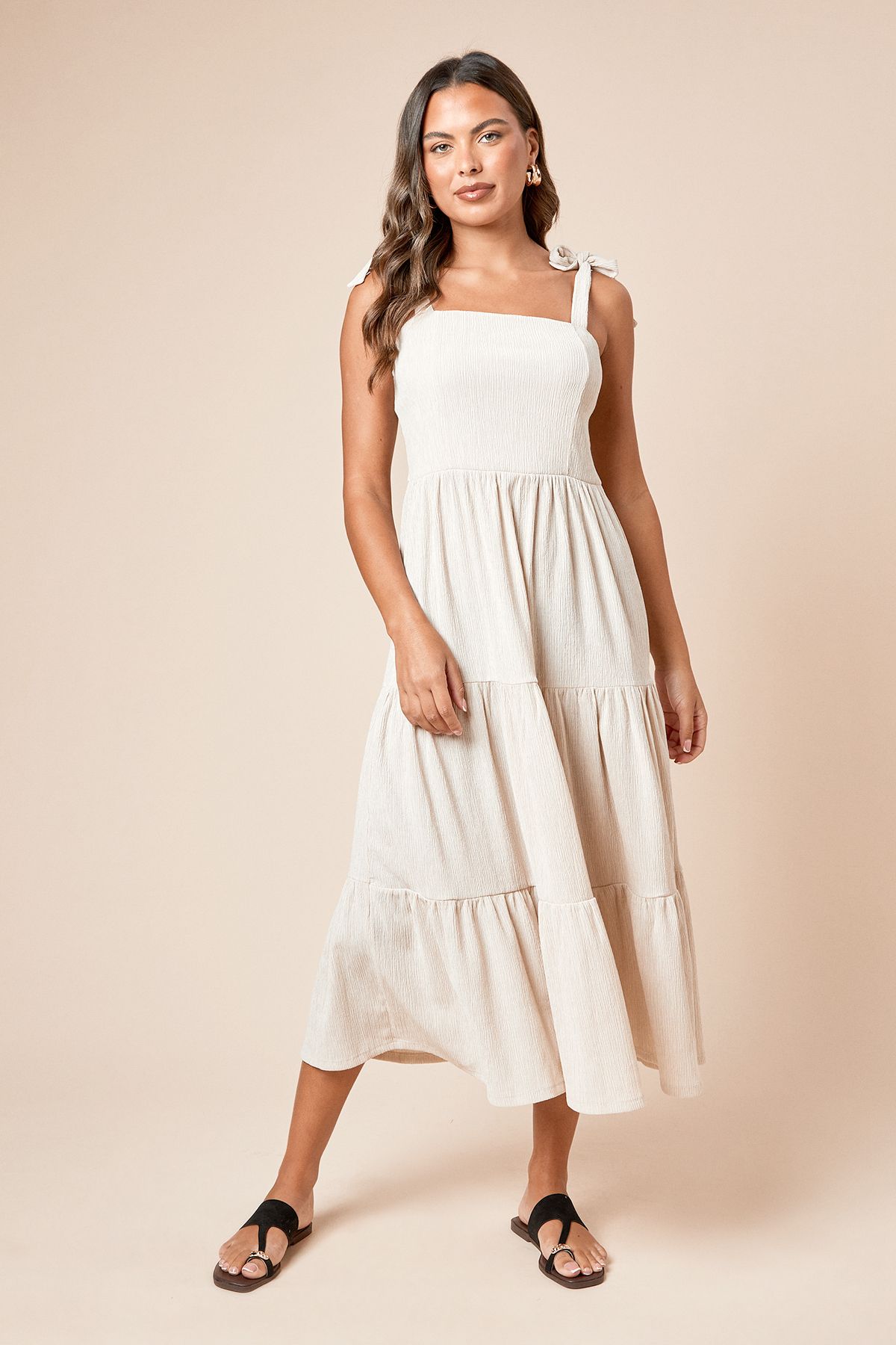 Dorothy Perkins Tie Shoulder Tiered Maxi Jersey Dress Stone image 1