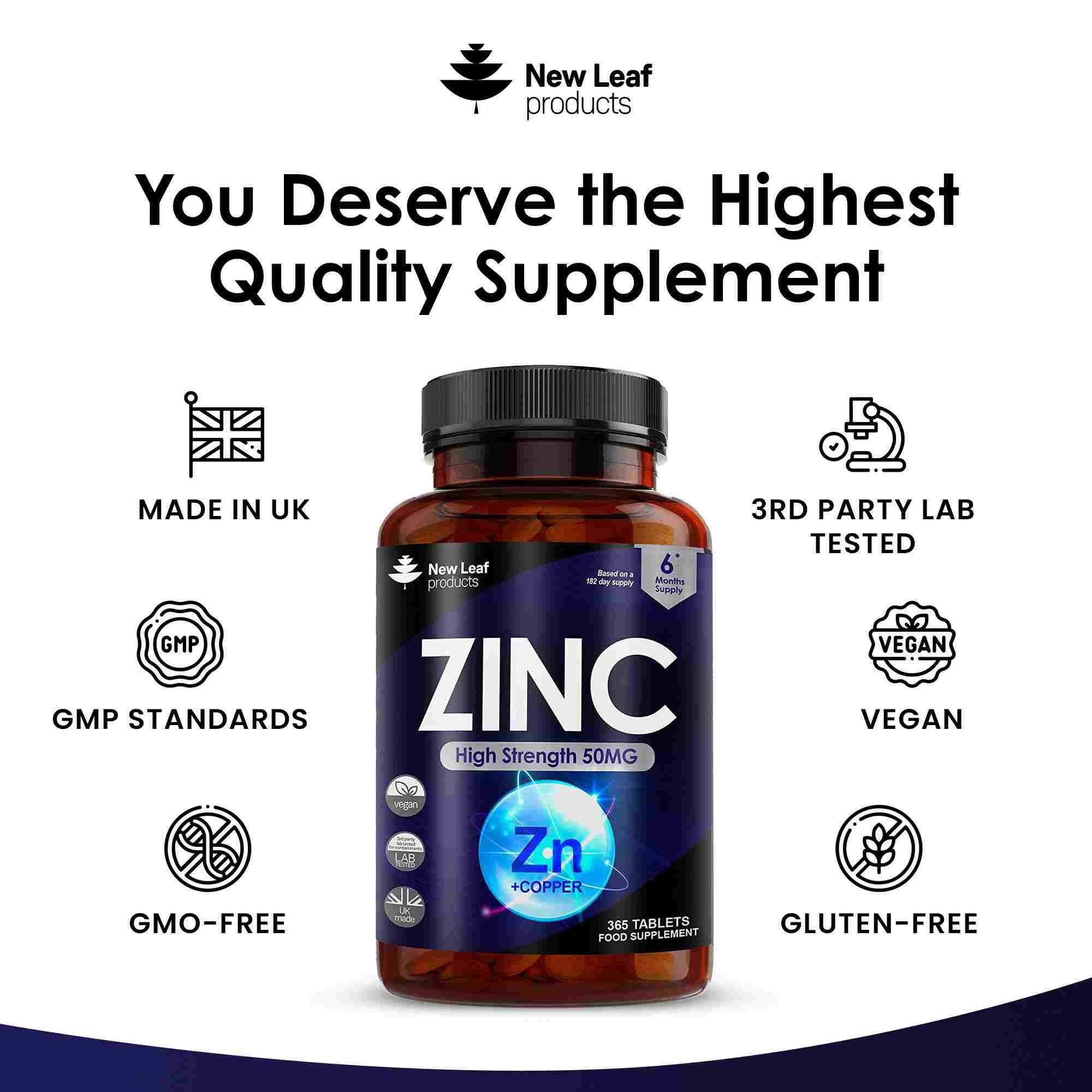 New leaf health Zinc Tablets 50mg High Strength - 365 Zinc Tablets Contributes Towards Immune Function and Maintenance of Healthy Bones, Vision, Hair, Nails and Skin image 4