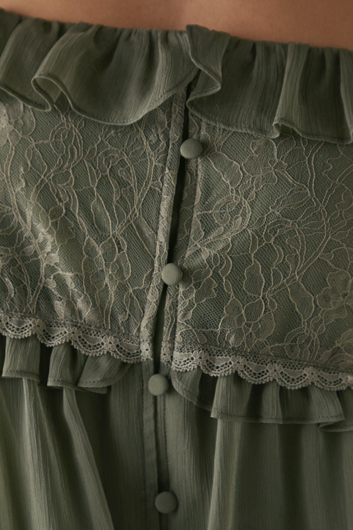 Warehouse Petite Lace Ruffle Strappy Midi Sundress Khaki image 5