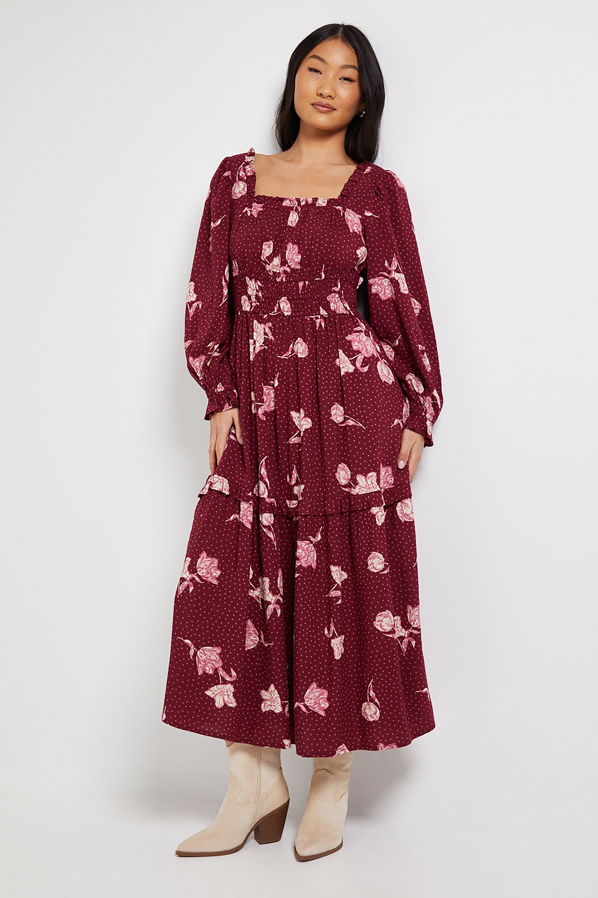 Dorothy Perkins Petite Berry Floral Square Neck Blouson Sleeve Tiered Maxi Dress Berry image 4