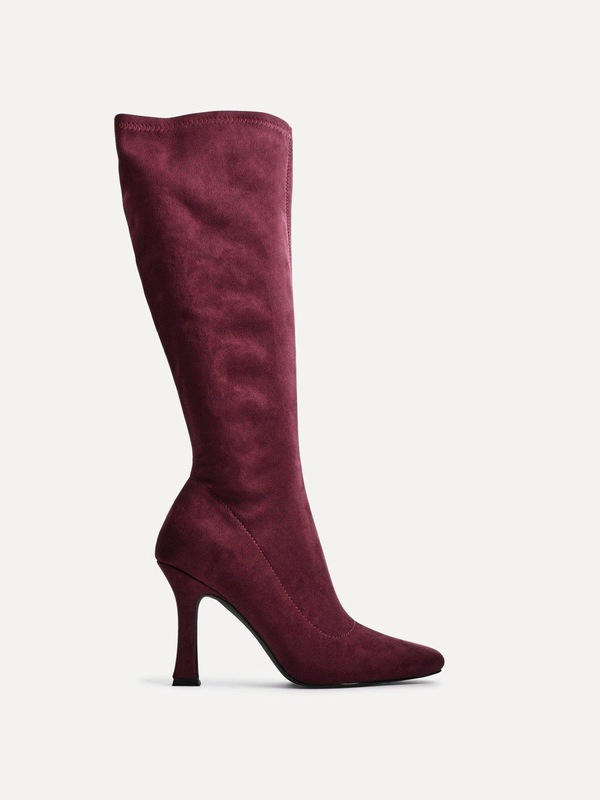 Linzi Gabrielle Burgundy Suede Square Toe Knee High Heeled Boot