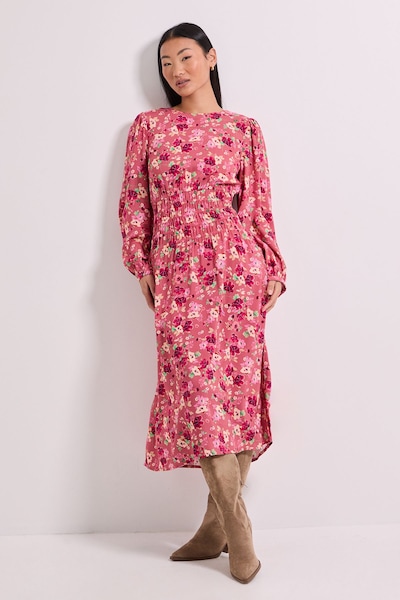 Dorothy Perkins Petite Shirred Dropped Waist Detail Printed Midi Dress Dusty Pink